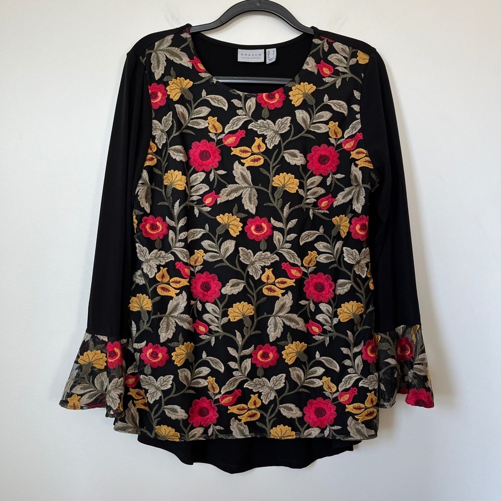 Susan Graver Floral Embroidered‎ Tunic Blouse Top Black Red Yellow Medium